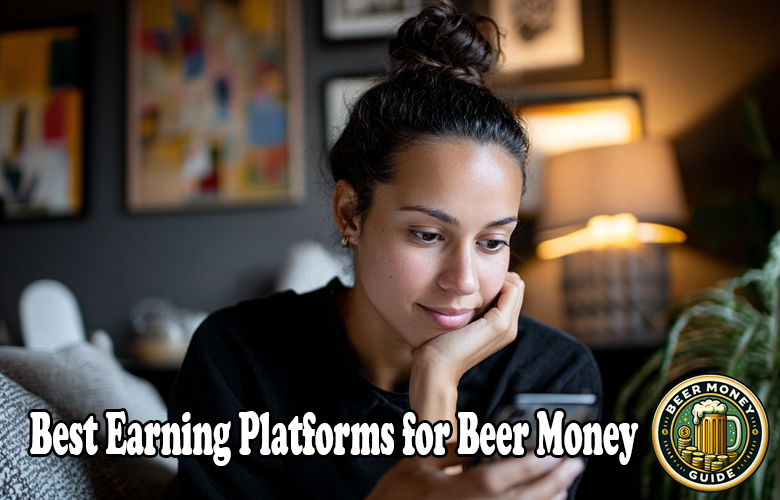 A woman sits on a couch looking at her phone. Text reads, "Best Earning Platforms for Beer Money" with a Beer Money Guide logo in the corner, highlighting an earning app comparison to help you choose the highest paying GPT sites.