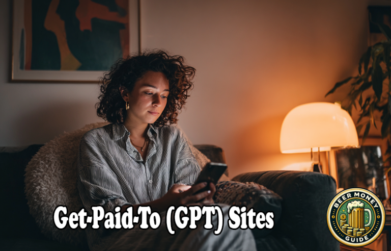 A woman sits on a couch using her phone in a dimly lit room, with the text "GPT Sites Guide" and a "Beer Money Guide" logo displayed, highlighting ways to earn extra cash from get paid to sites.