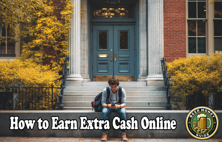 A person sits on steps outside a building, looking at a phone. Text on the image reads, "How to Start Earning Online" with a "Beer Money Beginner Guide" logo.