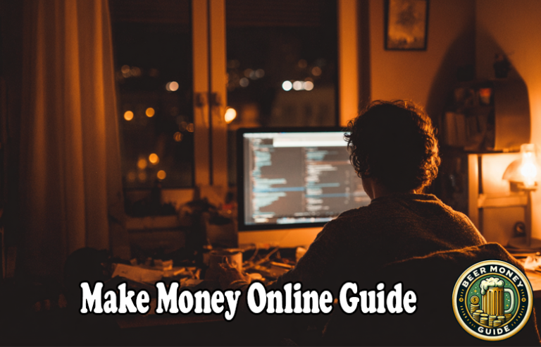 Person working on a computer at night with "Make Money Online Guide" text and a "Beer Money Guide" logo in the foreground, exploring microtasks for money and top side gigs for extra money.