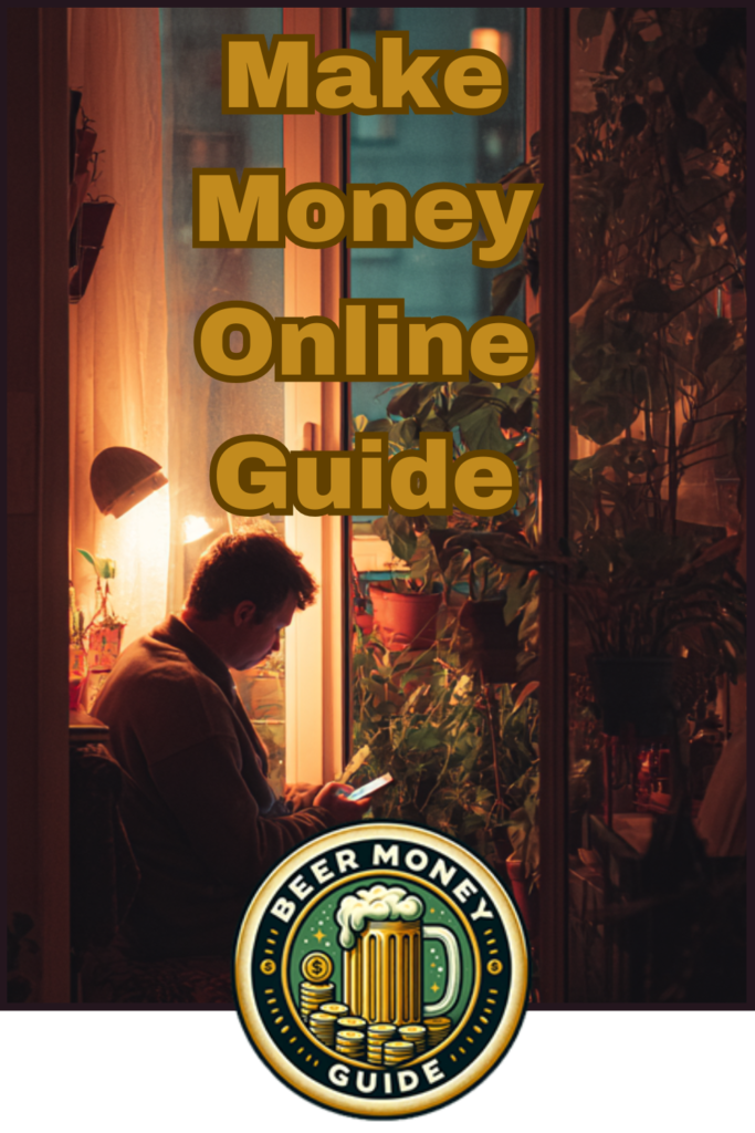 A person sits indoors using a laptop surrounded by plants, with the text "Make Money Online Guide" and a "Beer Money Guide" logo—perfect for anyone seeking side gigs for extra money or tips on online microtasks.
